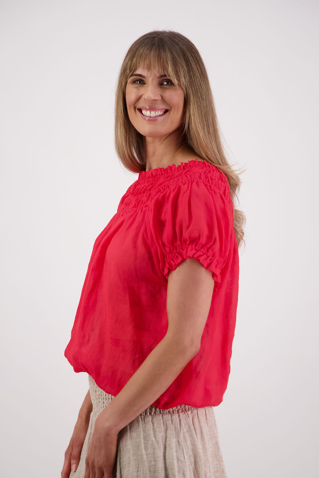 Womens top with shirred neck and ruffle sleeve. Briarwood NZ. Sal, Red, Ramie