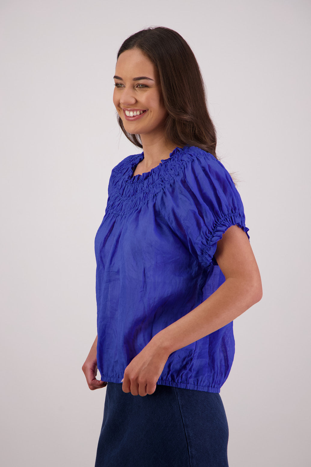 Side view Briarwood Sal Top in Royal Blue.
