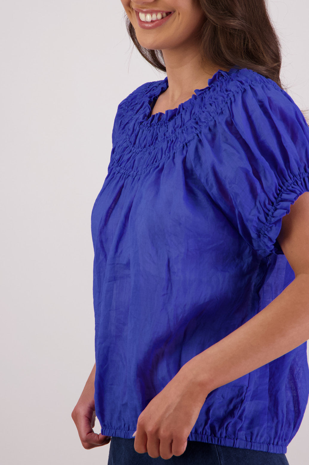 Closeup side view Briarwood Sal Top in Royal Blue.