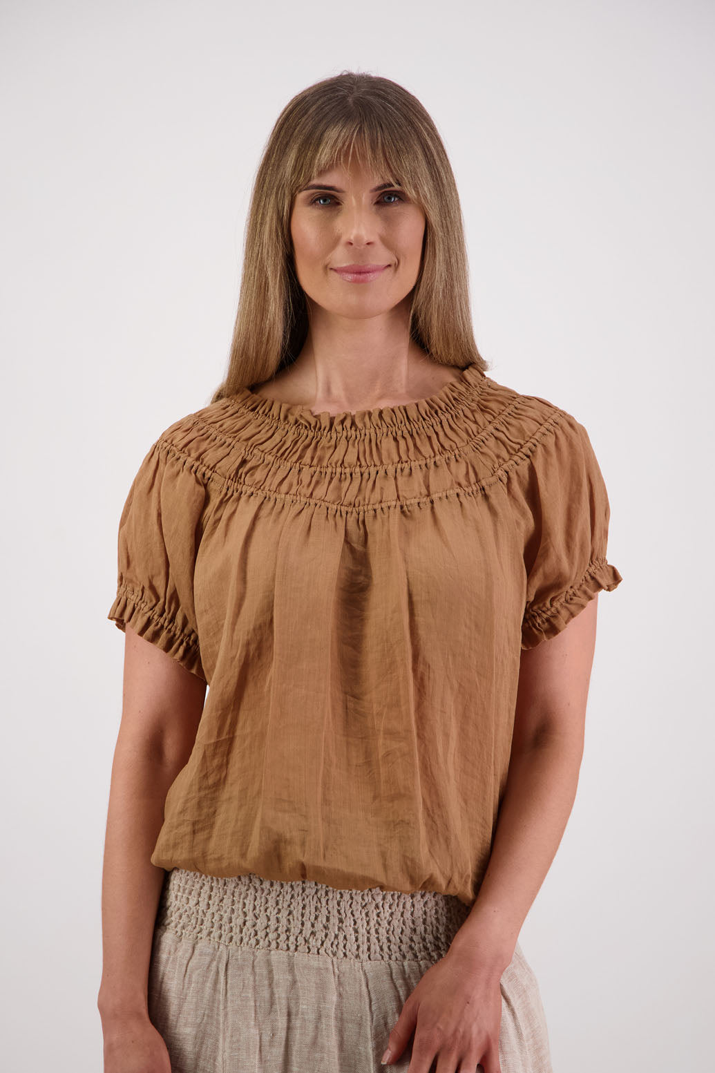Womens top with shirred neck and ruffle sleeve. Briarwood NZ. Sal, Tan, Ramie