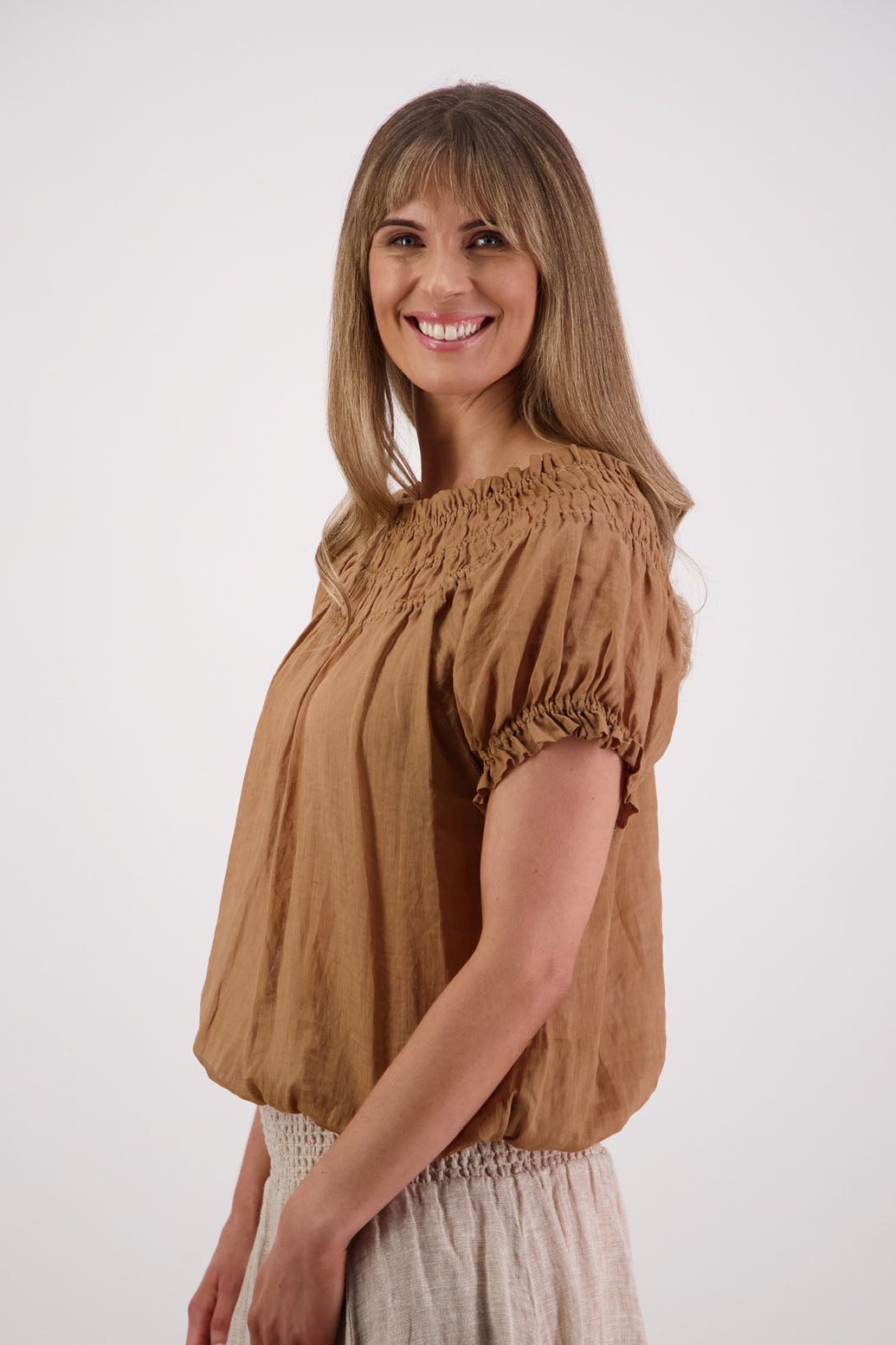 Womens top with shirred neck and ruffle sleeve. Briarwood NZ. Sal, Tan, Ramie
