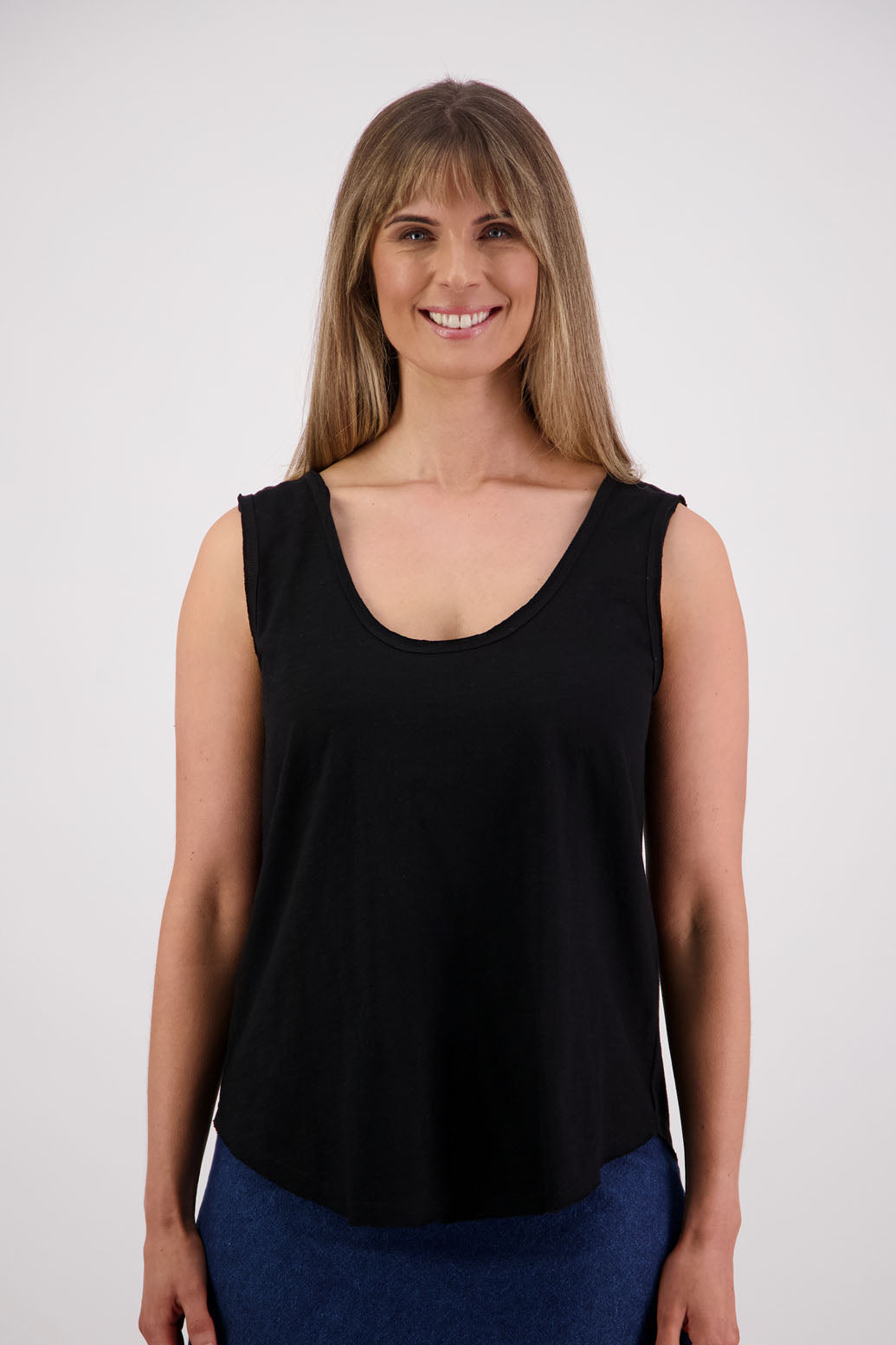 Womens cotton singlet with shaped hem and raw edges. Briarwood NZ. Sala, Black