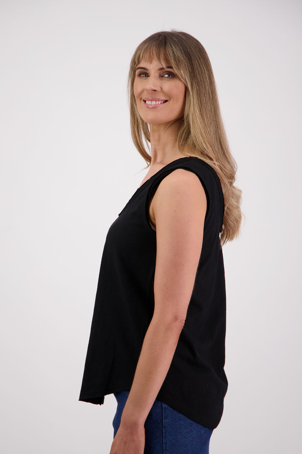 Womens cotton singlet with shaped hem and raw edges. Briarwood NZ. Sala, Black