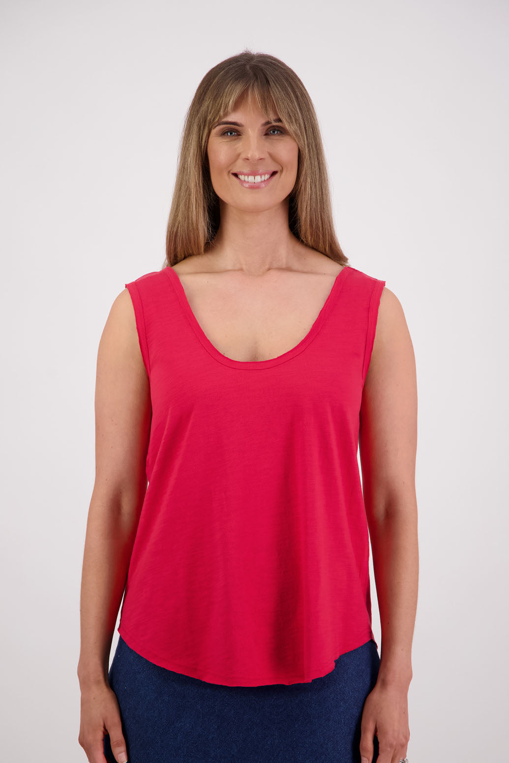 Womens cotton singlet with shaped hem and raw edges. Briarwood NZ. Sala, Red