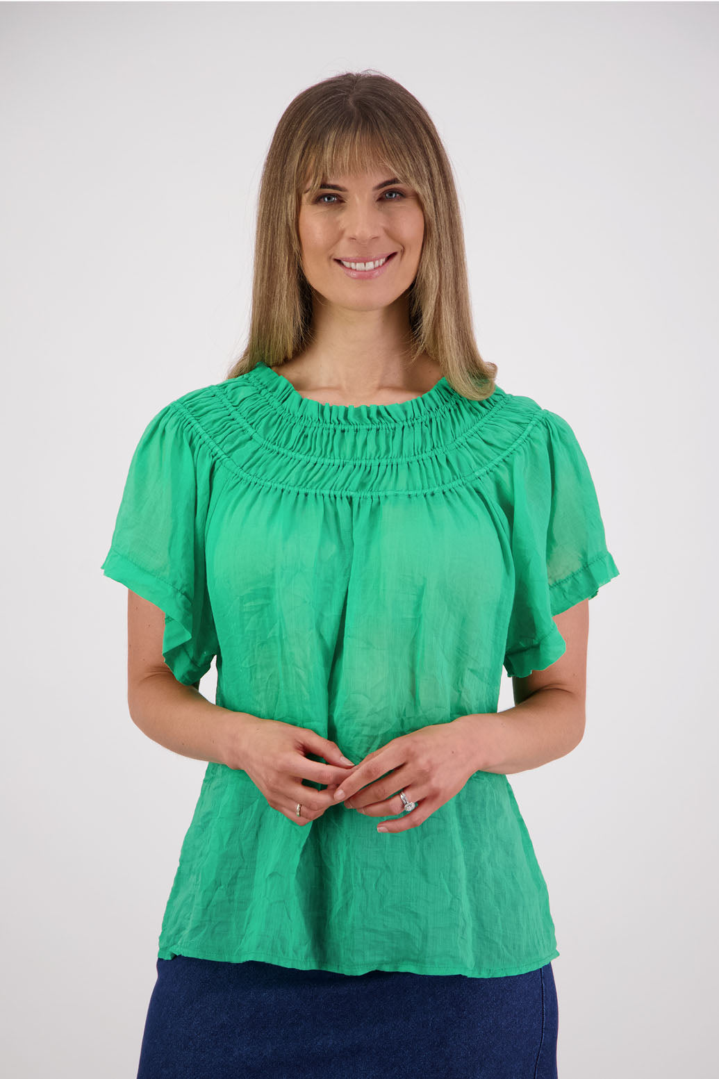 Elastic panels around neckline, longline length, short sleeve women's top. Briarwood NZ. Sally, Apple/Green, Ramie