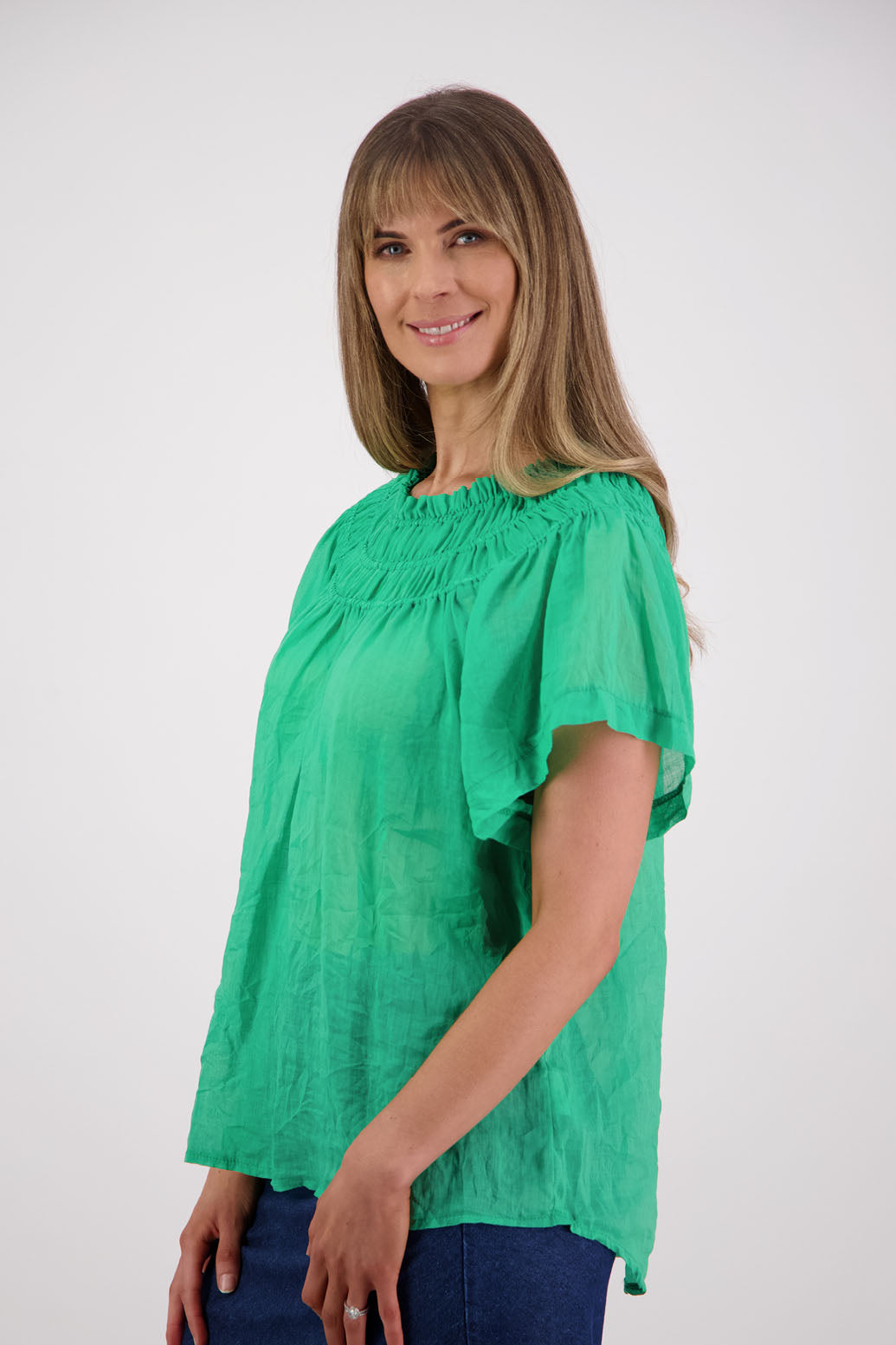 Elastic panels around neckline, longline length, short sleeve women's top. Briarwood NZ. Sally, Apple/Green, Ramie