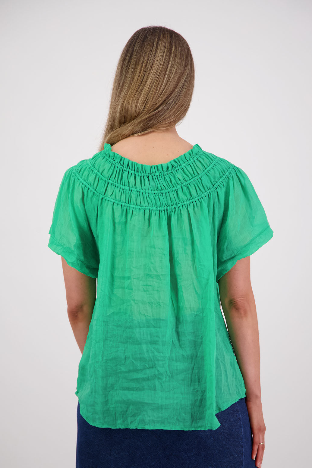 Elastic panels around neckline, longline length, short sleeve women's top. Briarwood NZ. Sally, Apple/Green, Ramie