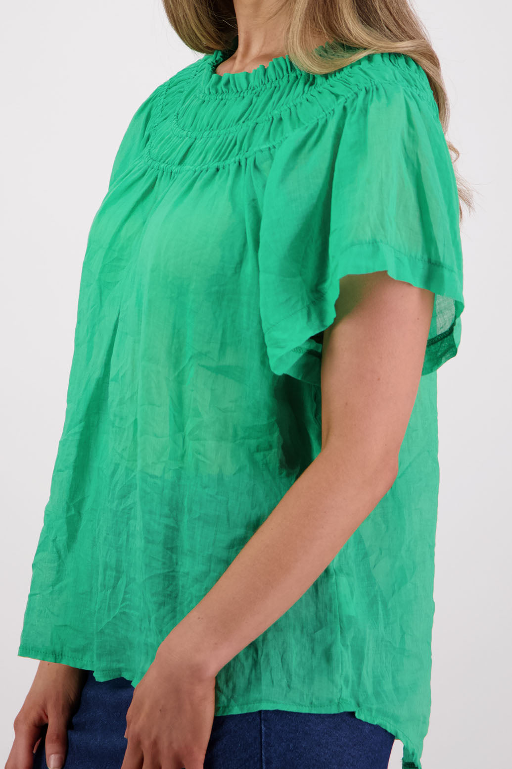 Elastic panels around neckline, longline length, short sleeve women's top. Briarwood NZ. Sally, Apple/Green, Ramie