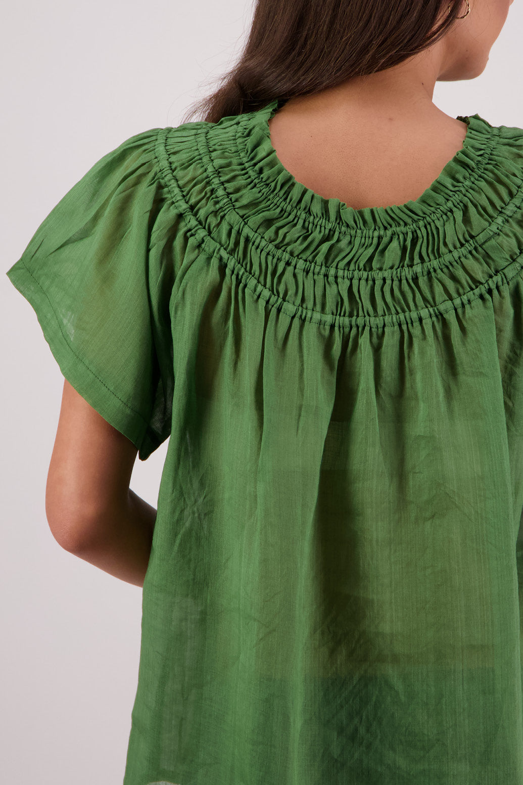 Closeup back view Briarwood Sally Top in Green.