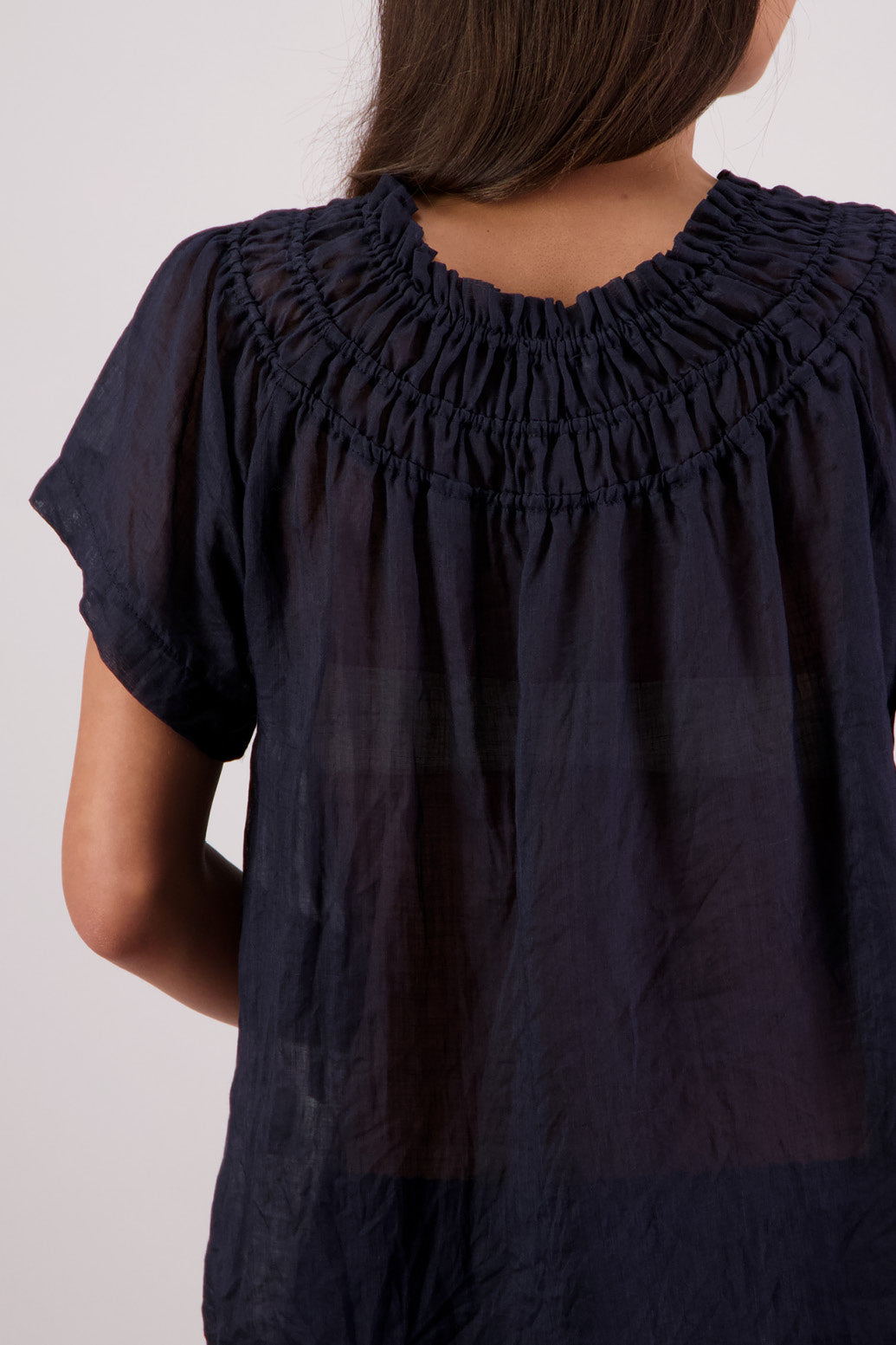 Closeup back view Briarwood Sally Top in Ink.