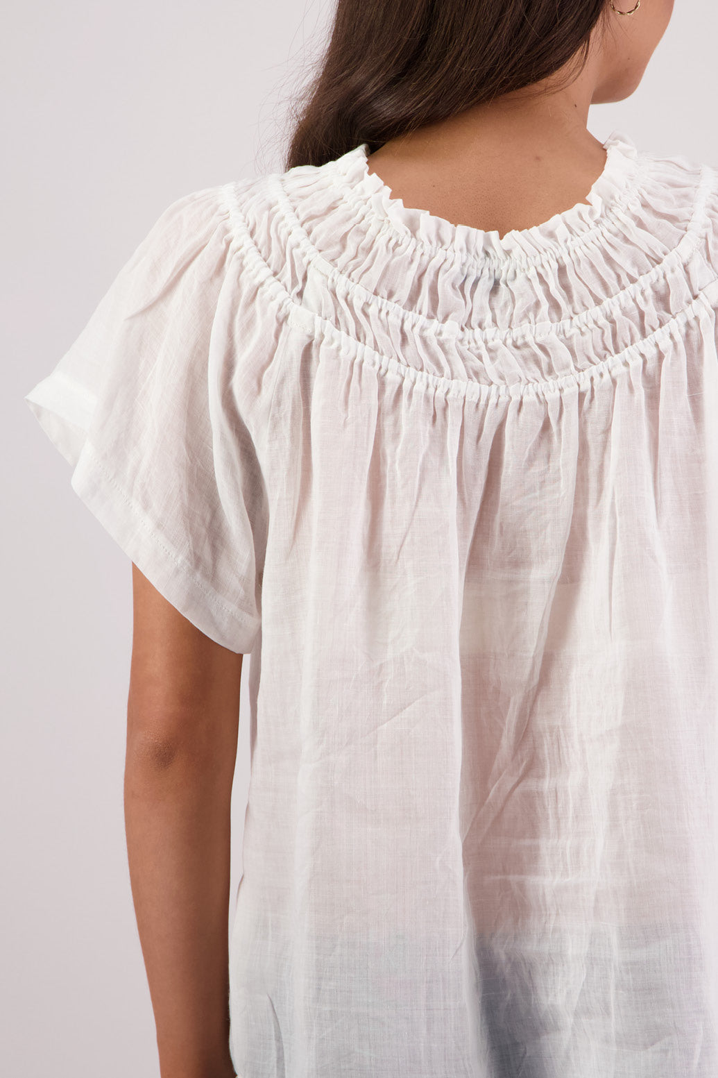 Closeup back view Briarwood Sally Top in White.