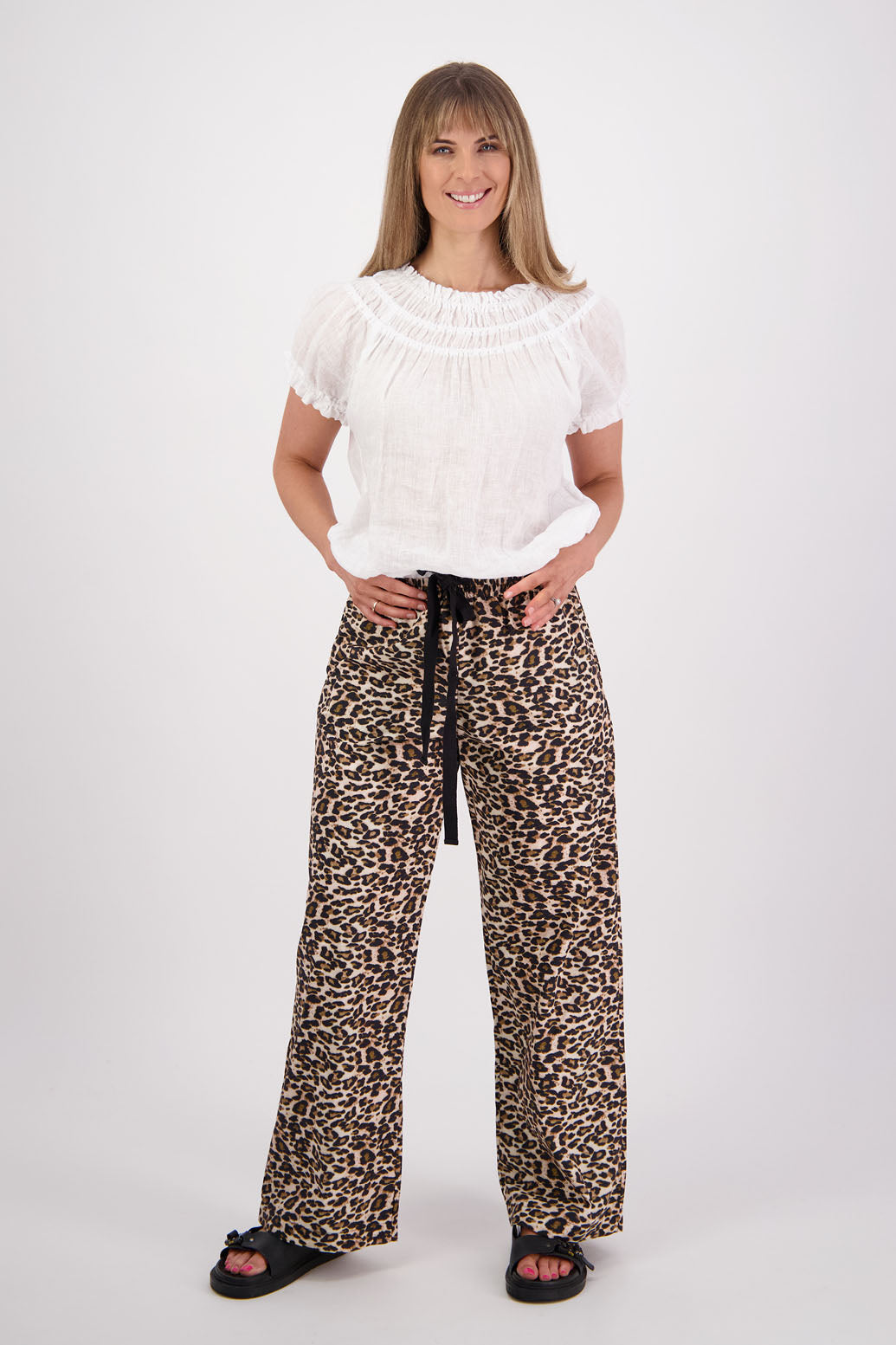 Womens wide leg leopard print pant with draw cord waist. Cotton Poplin. Briarwood NZ. Sam