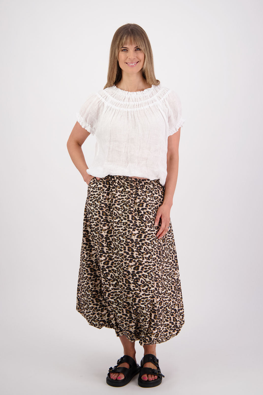 Womens Cotton Poplin skirt with bubble hem and drawcord waist. Leopard Print. Briarwood NZ. Sammy