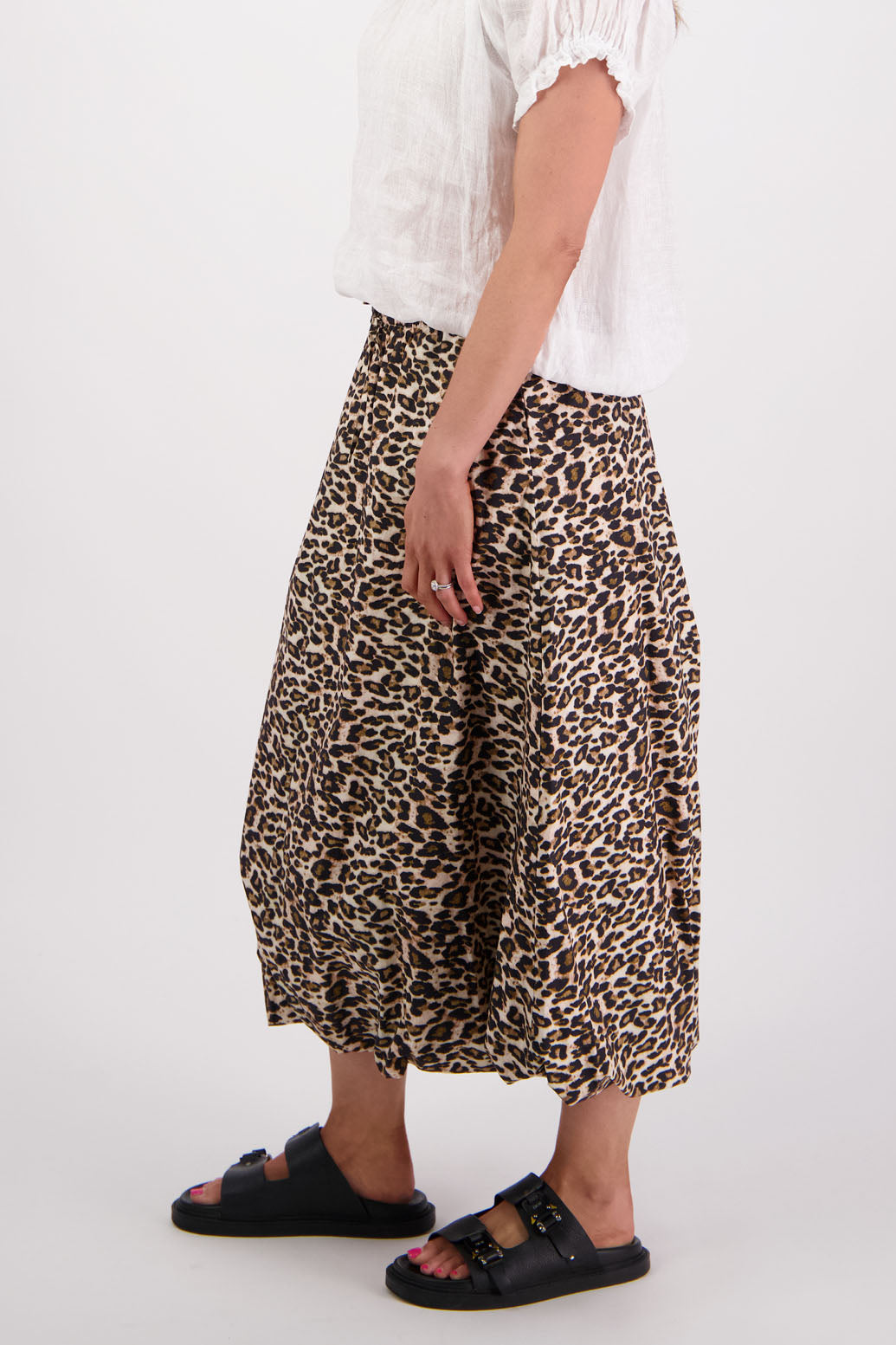 Womens Cotton Poplin skirt with bubble hem and drawcord waist. Leopard Print. Briarwood NZ. Sammy
