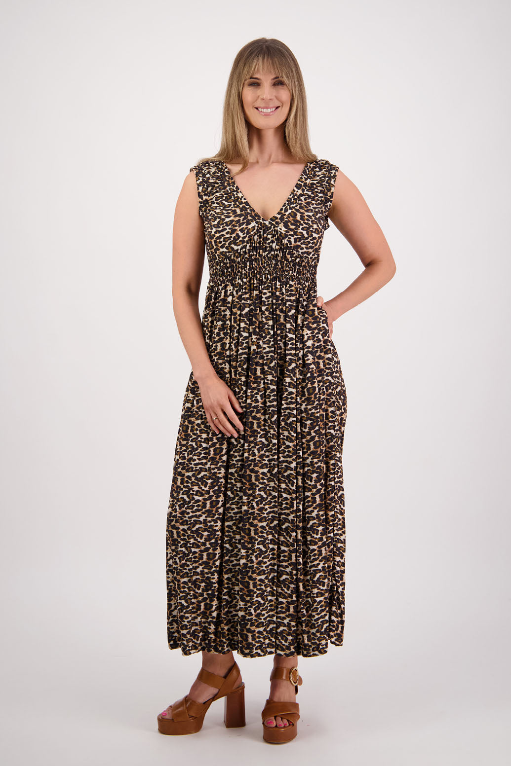 Womens long viscose leopard print dress. Sleeveless with v neck and gathered shoulders and the bust. Elastic waist and pockets. Briarwood NZ. Sapphire.