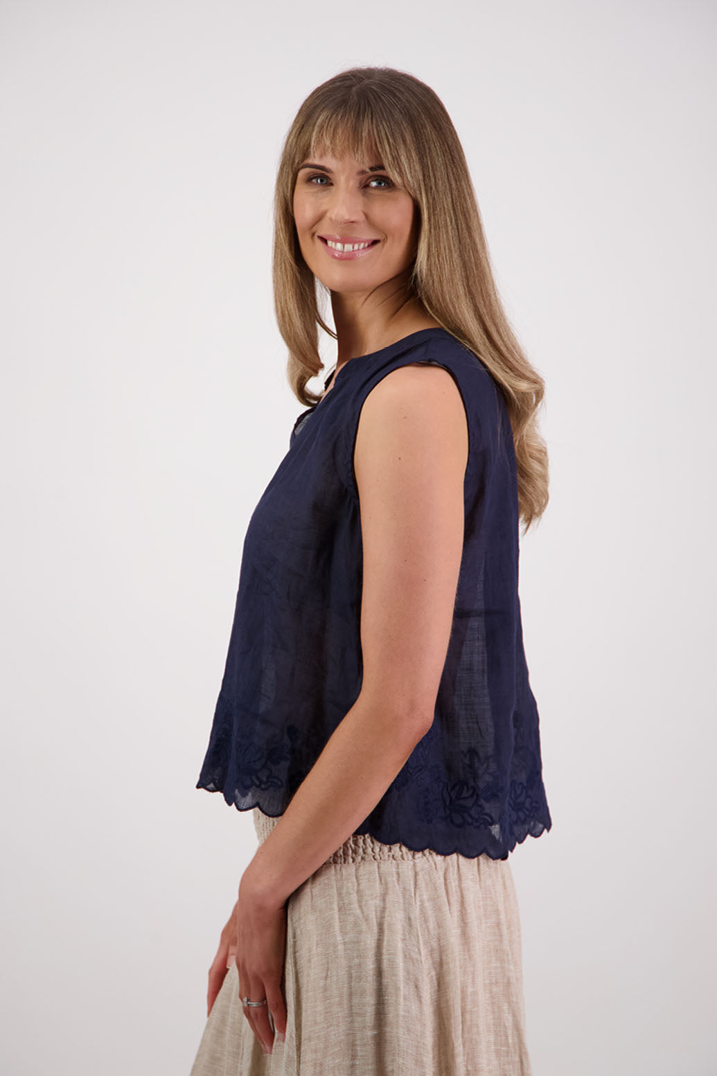 Briarwood NZ Sara Top. Ink, sleeveless, V neck, embroidered bottom