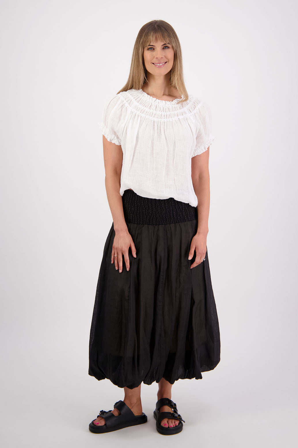 Sarah, shirred waist long skirt with bubble hem. Ramie. Briarwood NZ. Black