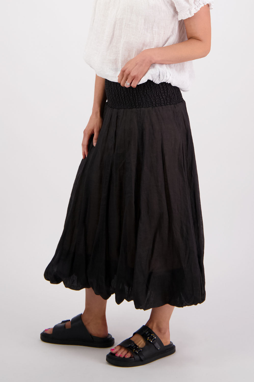 Sarah, women's shirred waist long skirt with bubble hem. Ramie. Briarwood NZ. Black