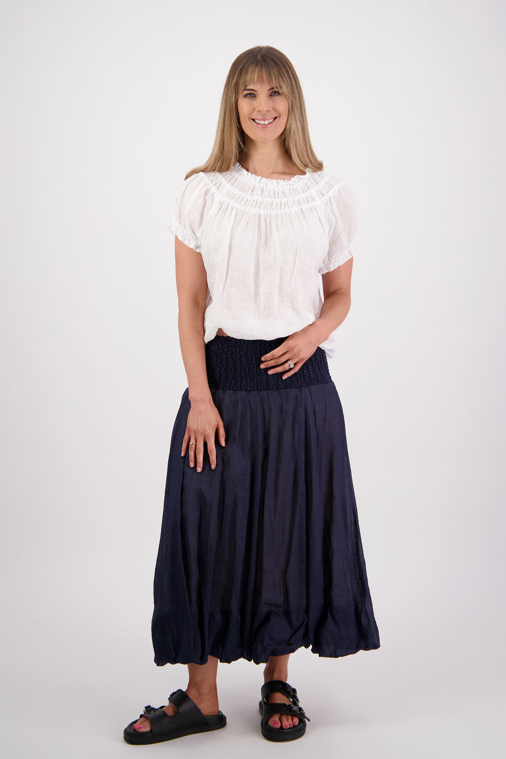 Sarah, women's shirred waist long skirt with bubble hem. Ramie. Briarwood NZ. Ink/Navy