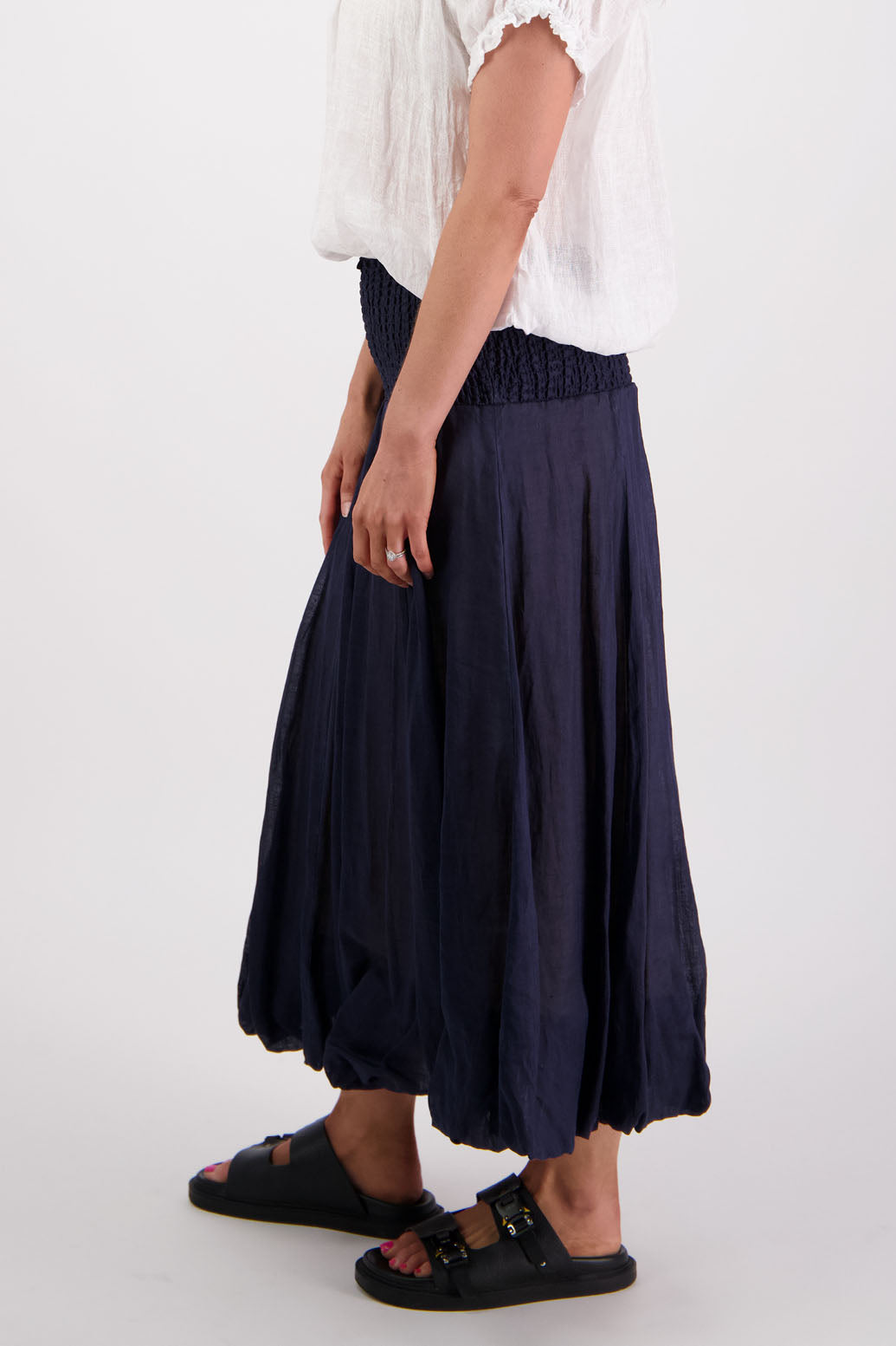 Sarah, women's shirred waist long skirt with bubble hem. Ramie. Briarwood NZ. Ink/Navy
