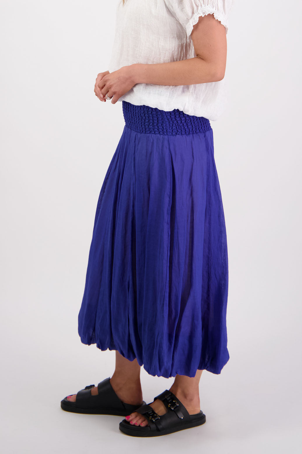 Sarah, women's shirred waist long skirt with bubble hem. Ramie. Briarwood NZ. Royal Blue