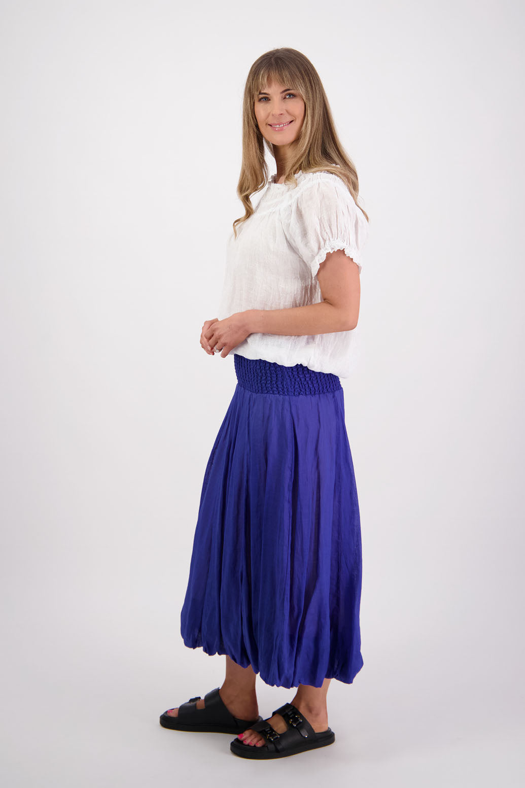 Sarah, women's shirred waist long skirt with bubble hem. Ramie. Briarwood NZ. Royal Blue