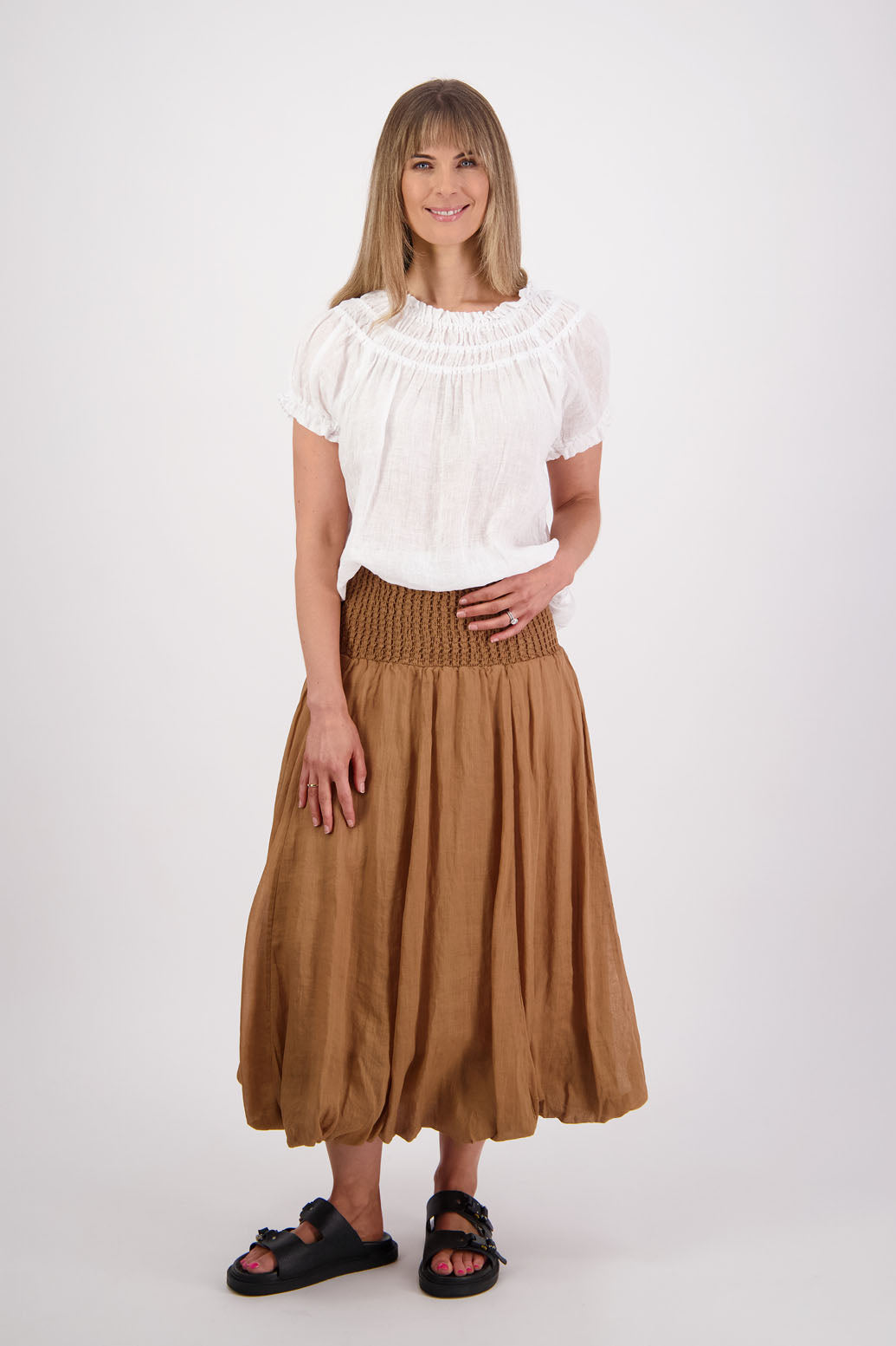 Sarah, women's shirred waist long skirt with bubble hem. Ramie. Briarwood NZ. Tan
