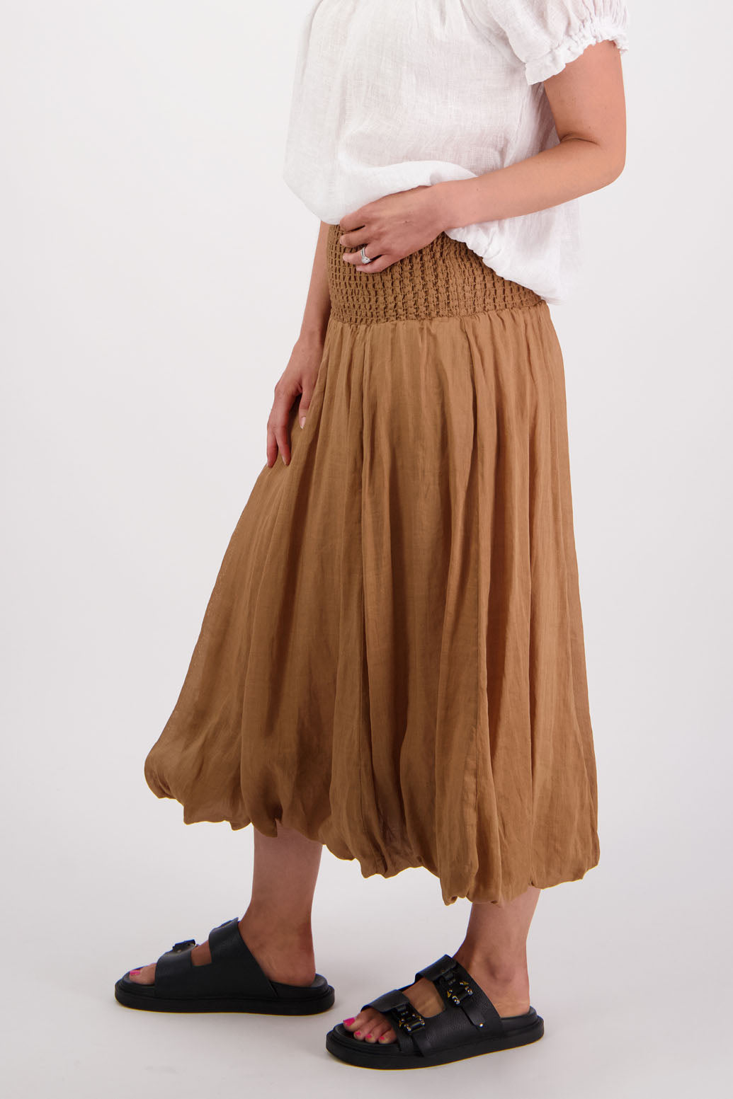 Sarah, women's shirred waist long skirt with bubble hem. Ramie. Briarwood NZ. Tan