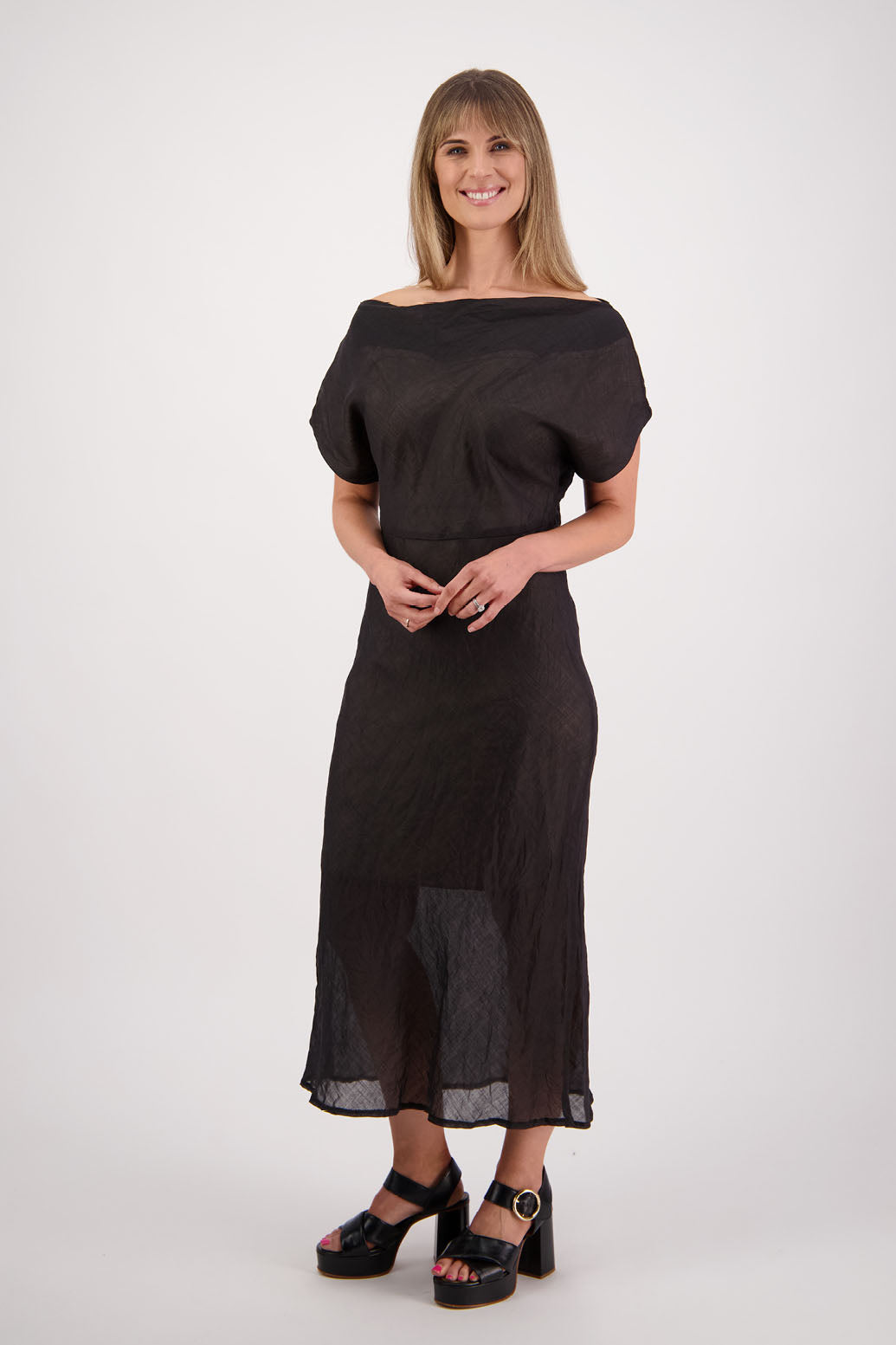 Womens wide neck dress that can be worn off the shoulders, Fully lined, Long length and cut on the bias. Briarwood NZ. Ramie, Black