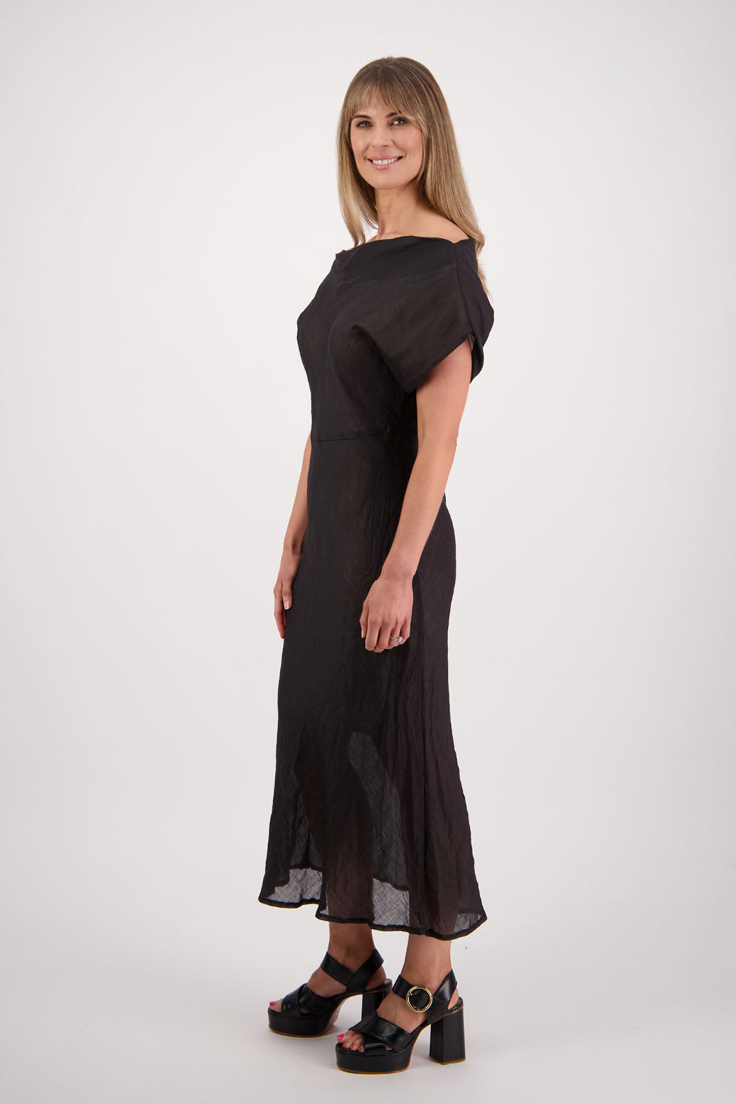 Womens wide neck dress that can be worn off the shoulders, Fully lined, Long length and cut on the bias. Briarwood NZ. Ramie, Black