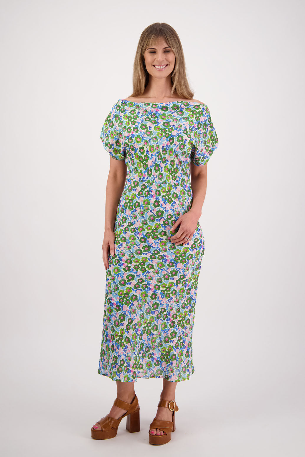Womens wide neck dress that can be worn off the shoulders, Fully lined, Long length and cut on the bias. Briarwood NZ. Ramie, Daisy Print
