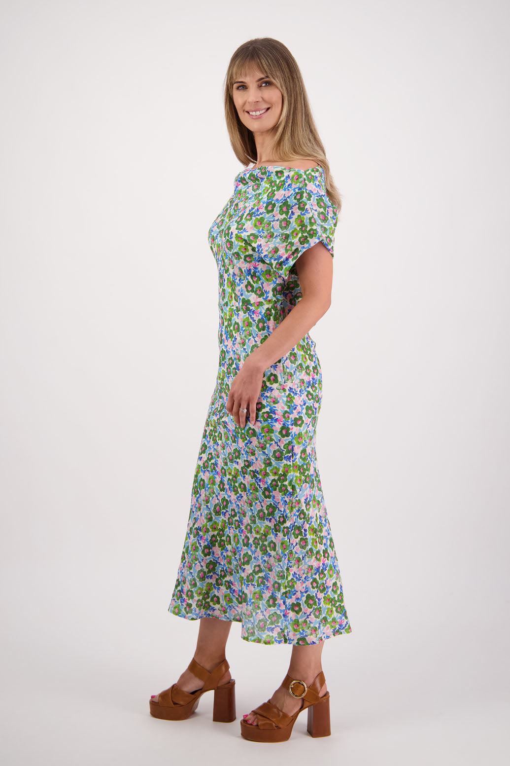 Womens wide neck dress that can be worn off the shoulders, Fully lined, Long length and cut on the bias. Briarwood NZ. Ramie, Daisy Print