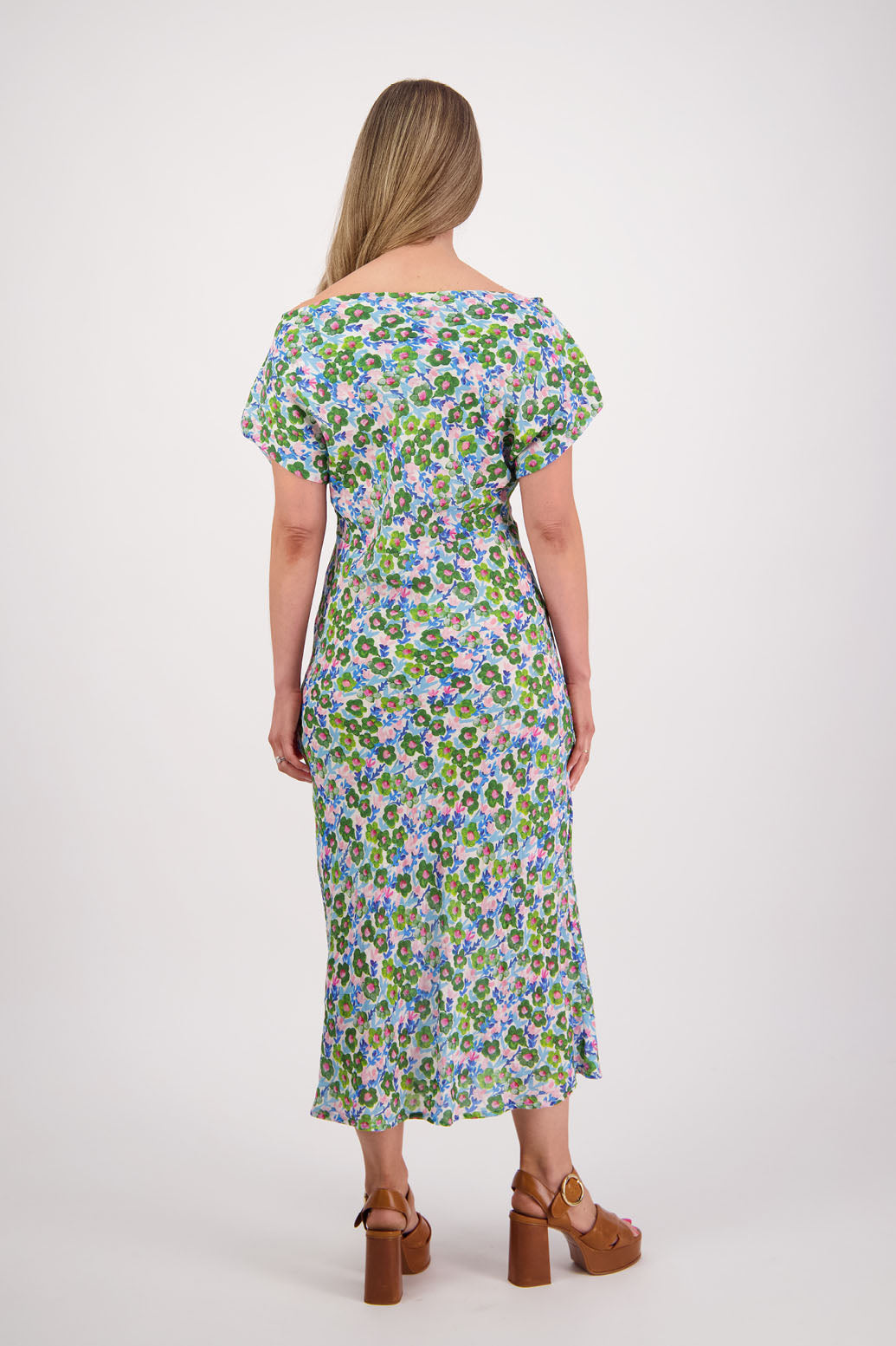 Womens wide neck dress that can be worn off the shoulders, Fully lined, Long length and cut on the bias. Briarwood NZ. Ramie, Daisy Print