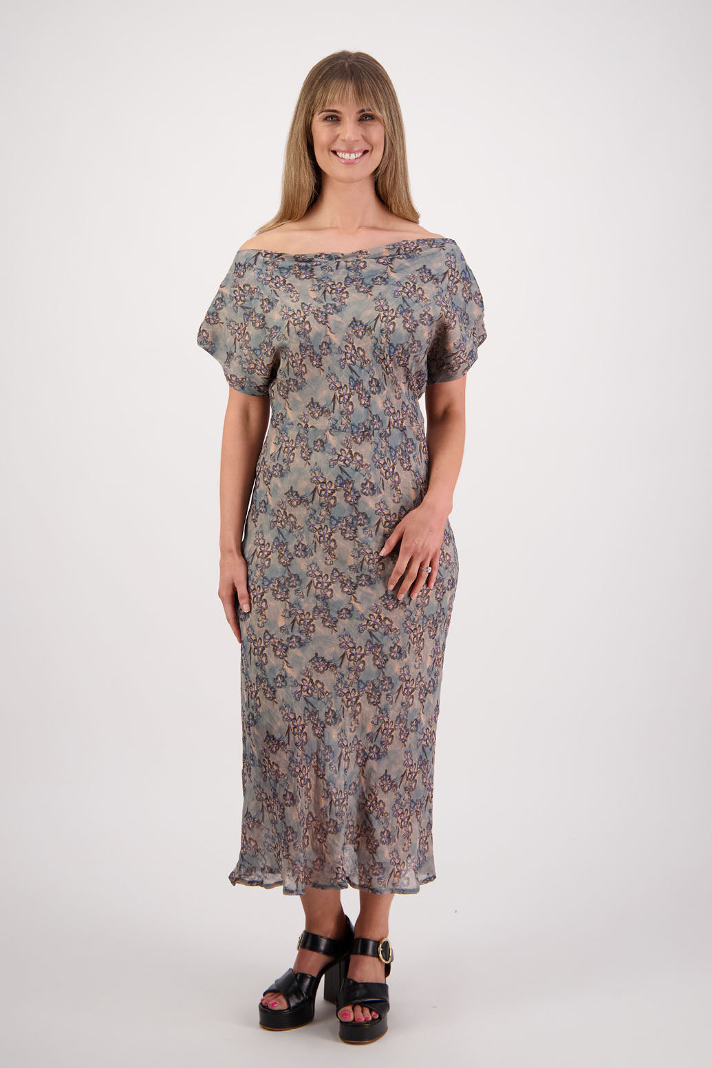 Womens wide neck dress that can be worn off the shoulders, Fully lined, Long length and cut on the bias. Briarwood NZ. Ramie, Denim Daisy Print