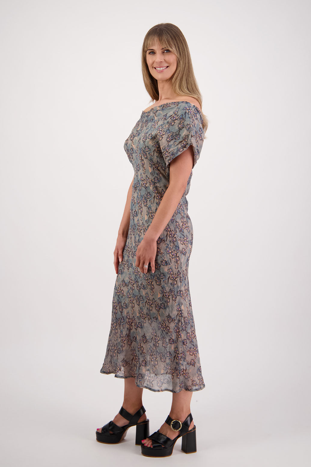 Womens wide neck dress that can be worn off the shoulders, Fully lined, Long length and cut on the bias. Briarwood NZ. Ramie, Denim Daisy Print