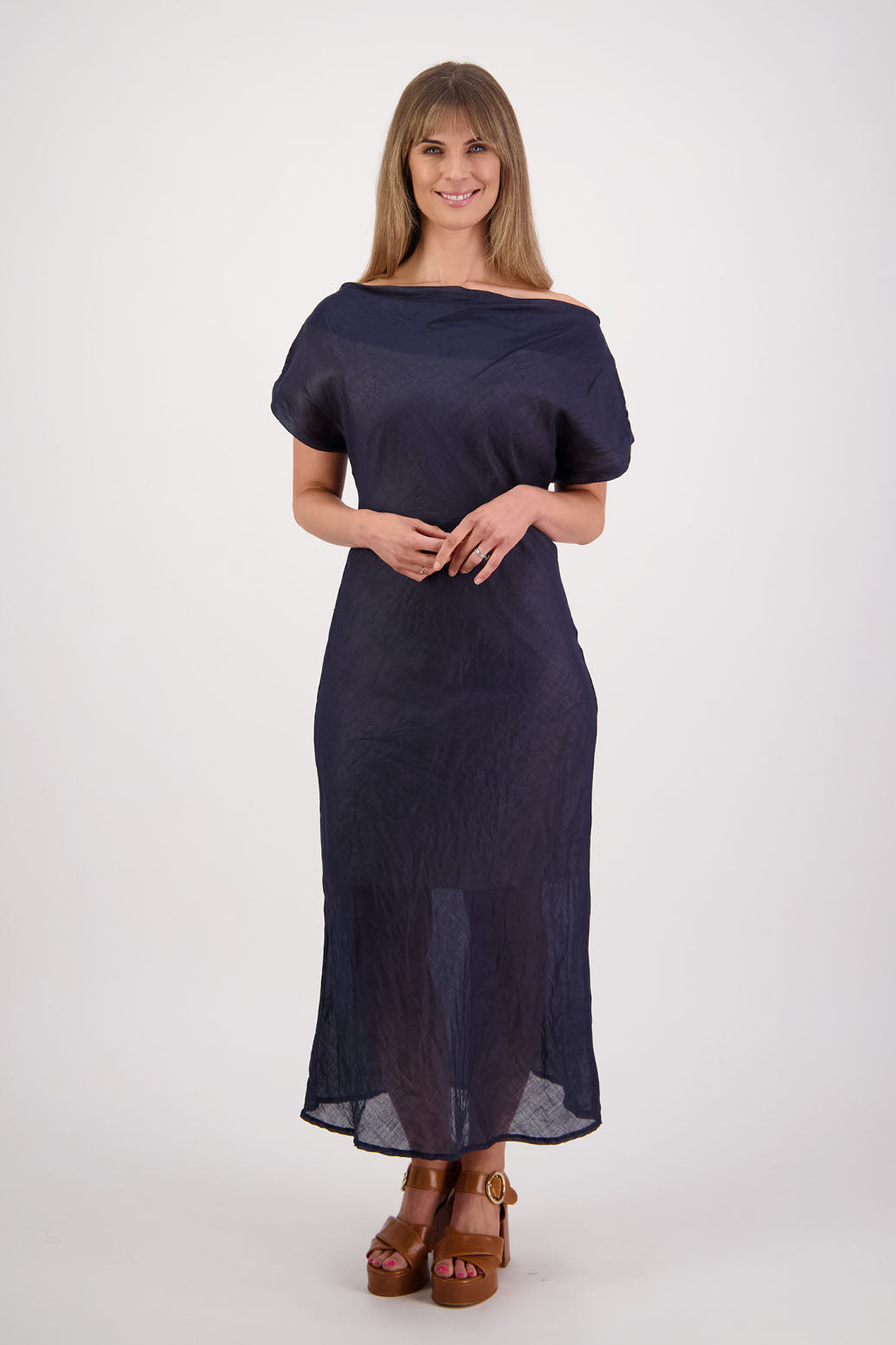 Womens wide neck dress that can be worn off the shoulders, Fully lined, Long length and cut on the bias. Briarwood NZ. Ramie, Ink/dark Blue