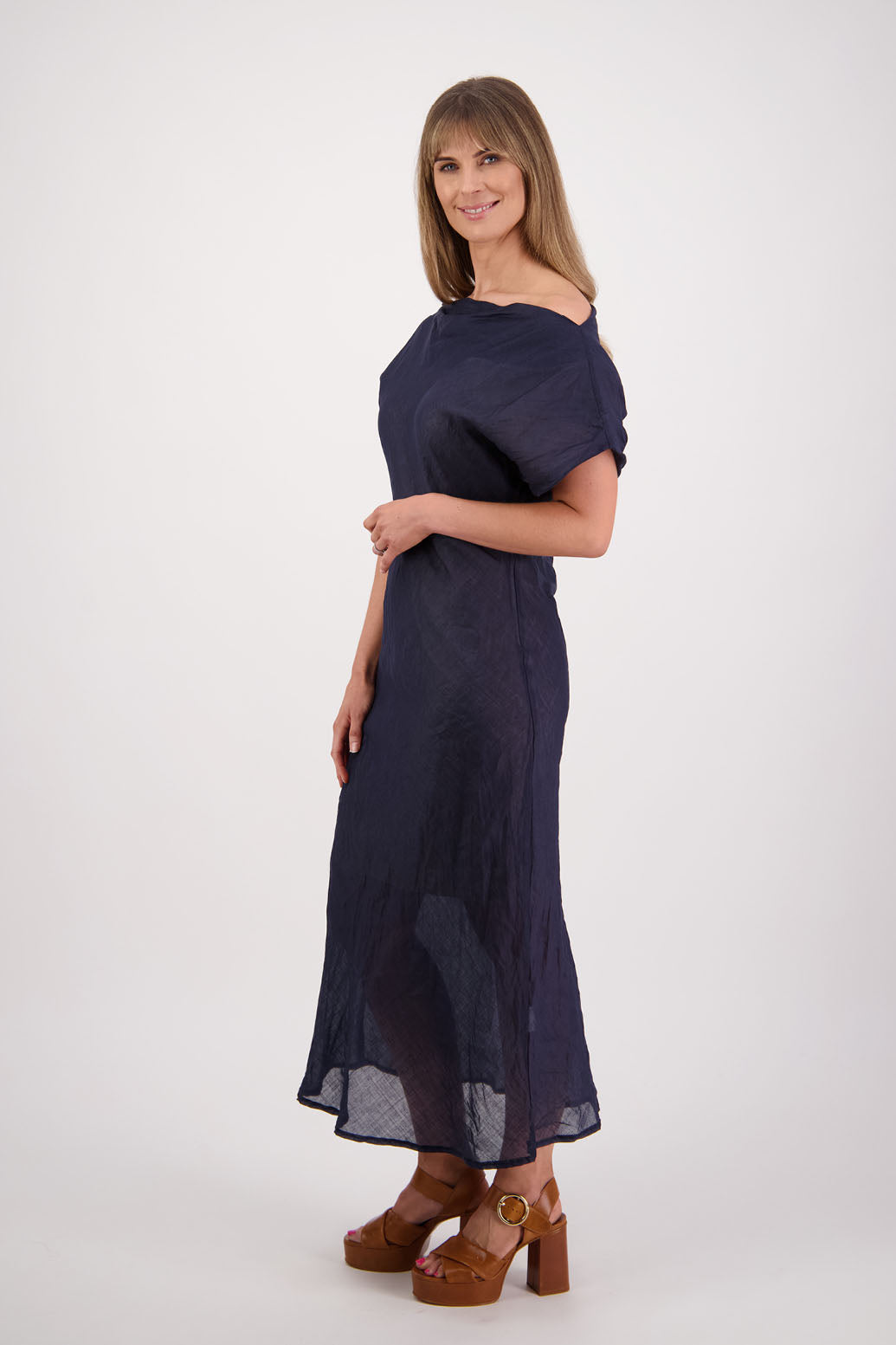Womens wide neck dress that can be worn off the shoulders, Fully lined, Long length and cut on the bias. Briarwood NZ. Ramie, Ink/dark Blue