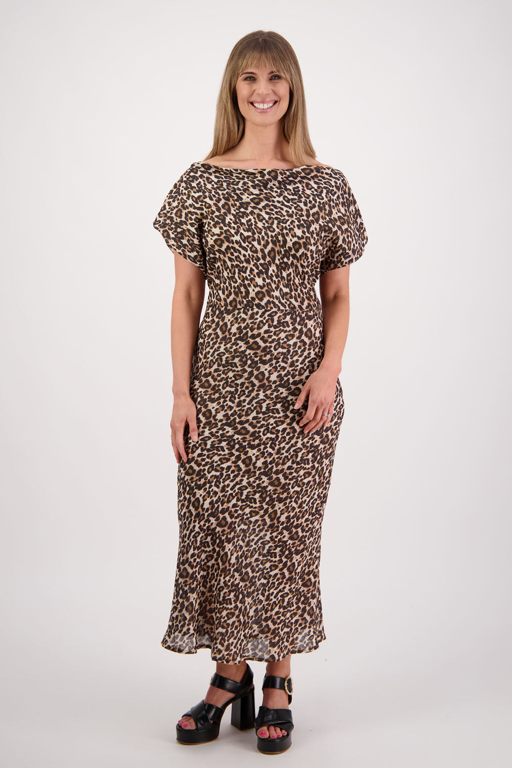 Womens wide neck dress that can be worn off the shoulders, Fully lined, Long length and cut on the bias. Briarwood NZ. Ramie, Leopard Print