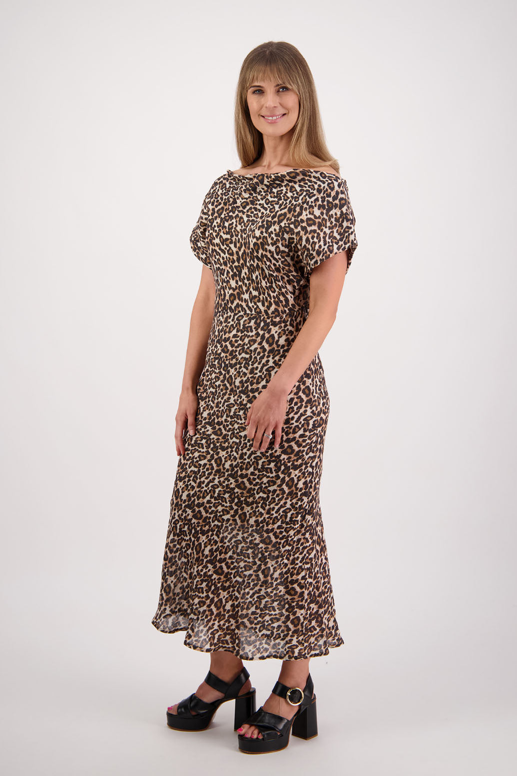 Womens wide neck dress that can be worn off the shoulders, Fully lined, Long length and cut on the bias. Briarwood NZ. Ramie, Leopard Print
