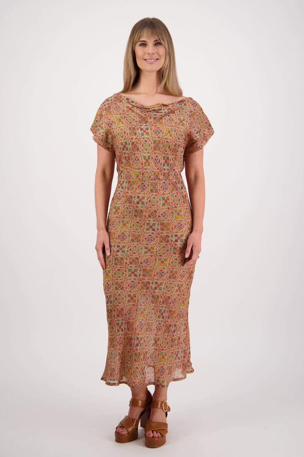 Womens wide neck dress that can be worn off the shoulders, Long length and cut on the bias. Briarwood NZ. Ramie, Little Leaf Print