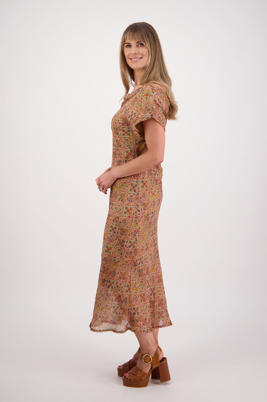Womens wide neck dress that can be worn off the shoulders, Fully lined, Long length and cut on the bias. Briarwood NZ. Ramie, Little Leaf Print