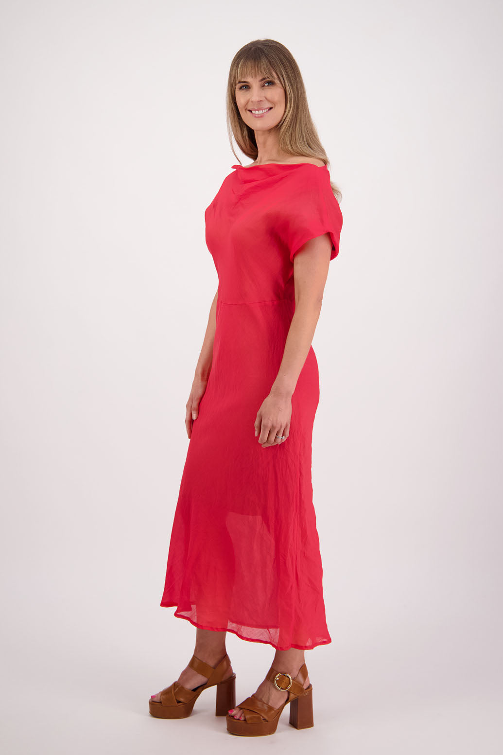 Womens wide neck dress that can be worn off the shoulders, Fully lined, Long length and cut on the bias. Briarwood NZ. Ramie, Red