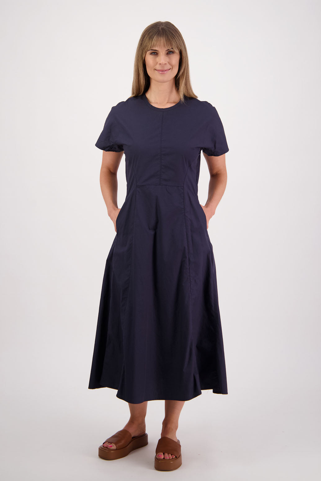 Womens shaped and waisted Ink/Navy dress with A-Line skirt, cap sleeves and zip up the back. Briarwood NZ. Cotton Poplin. Saunders