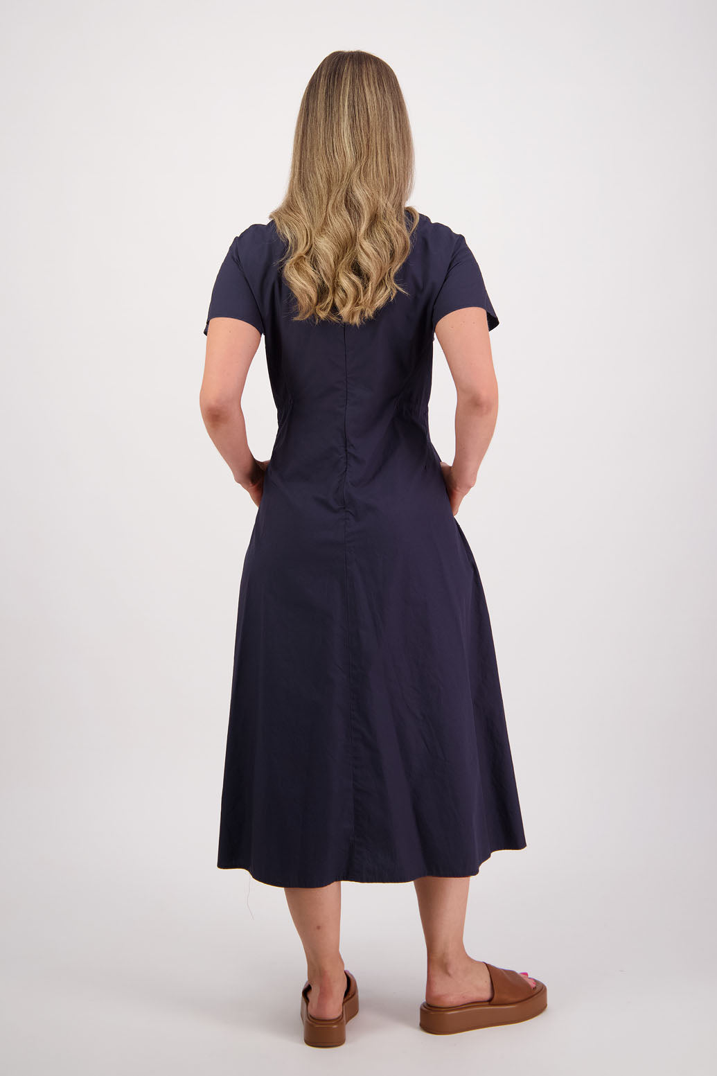 Womens shaped and waisted Ink/Navy dress with A-Line skirt, cap sleeves and zip up the back. Briarwood NZ. Cotton Poplin. Saunders
