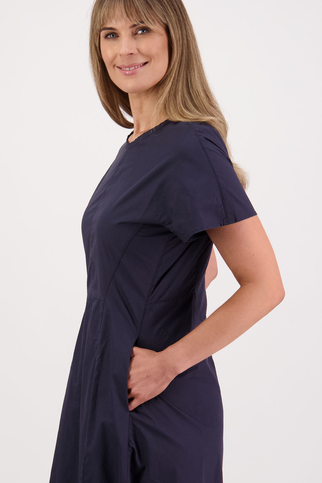 Womens shaped and waisted Ink/Navy dress with A-Line skirt, cap sleeves and zip up the back. Briarwood NZ. Cotton Poplin. Saunders