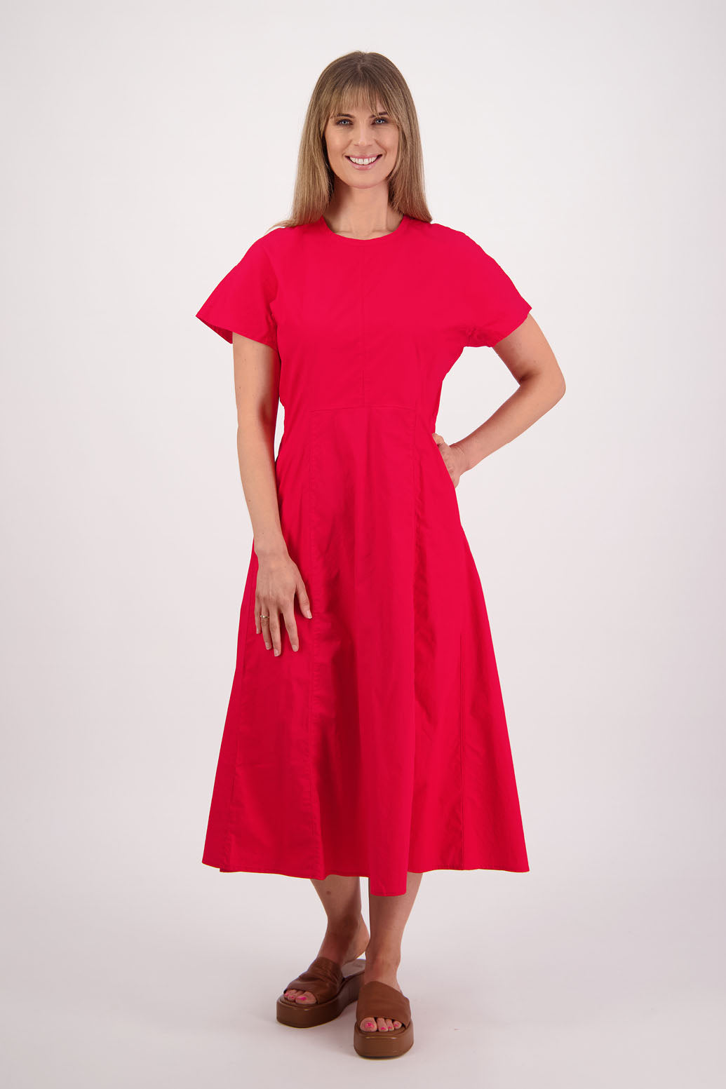 Womens shaped and waisted Red dress with A-Line skirt, cap sleeves and zip up the back. Briarwood NZ. Cotton Poplin. Saunders