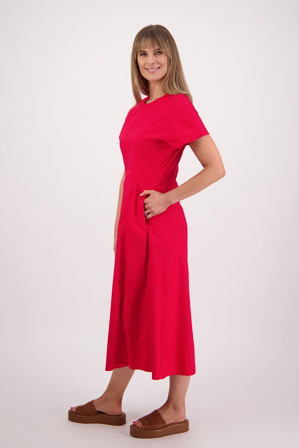 Womens shaped and waisted Red dress with A-Line skirt, cap sleeves and zip up the back. Briarwood NZ. Cotton Poplin. Saunders