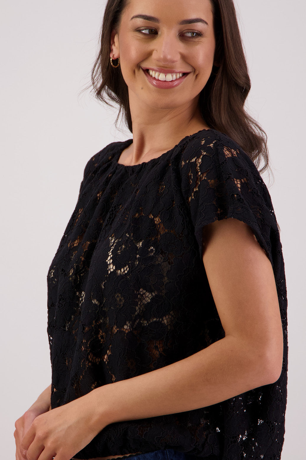 Close up side view Briarwood Scarlett Black Lace Top.