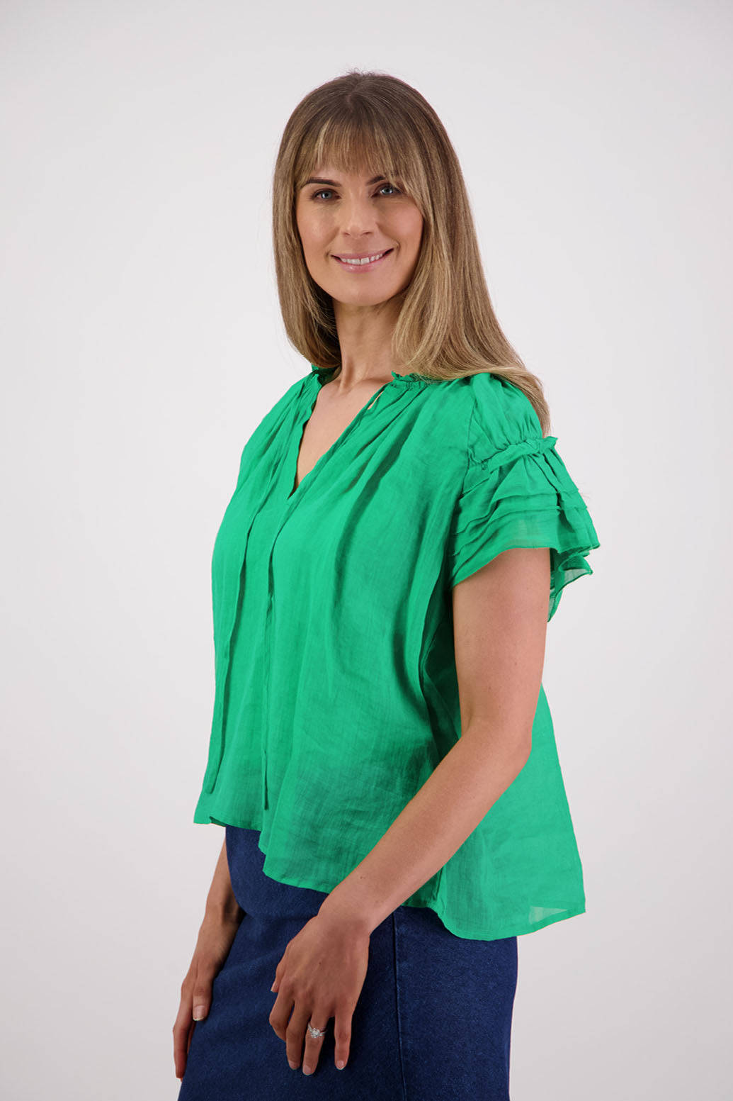 Shakespeare a soft floaty top with flattering layered short sleeves. Briarwood NZ. Ramie, Apple