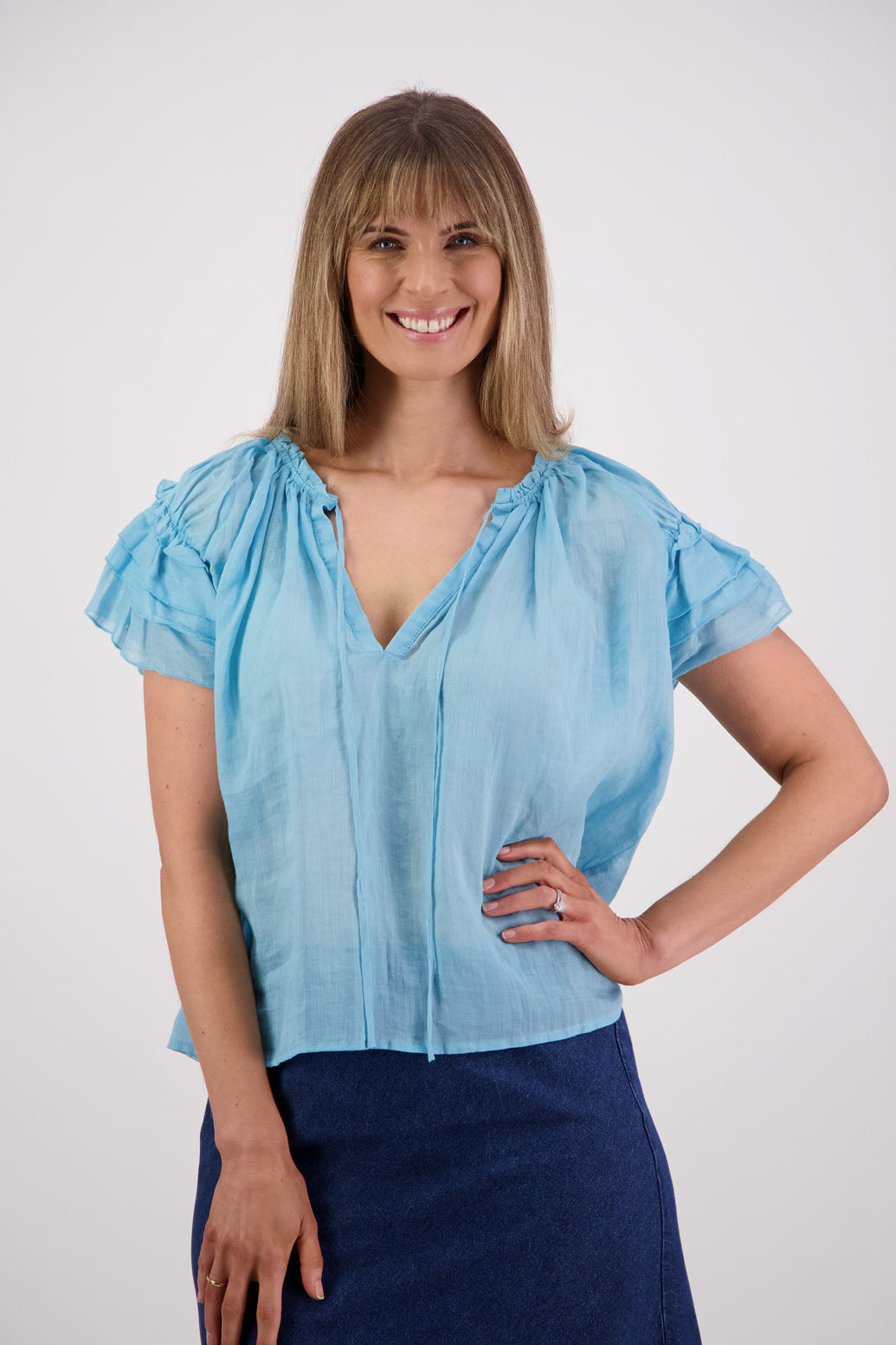 Shakespeare a soft floaty top with flattering layered short sleeves. Briarwood NZ. Ramie, Aqua